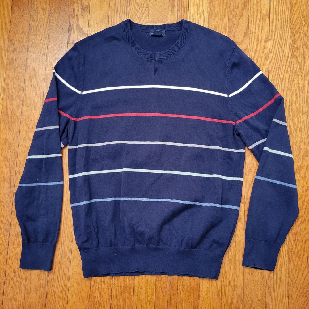 Brooks Brothers Navy Blue Striped Crewneck Sweater L Cotton Preppy Winter‎ Layer